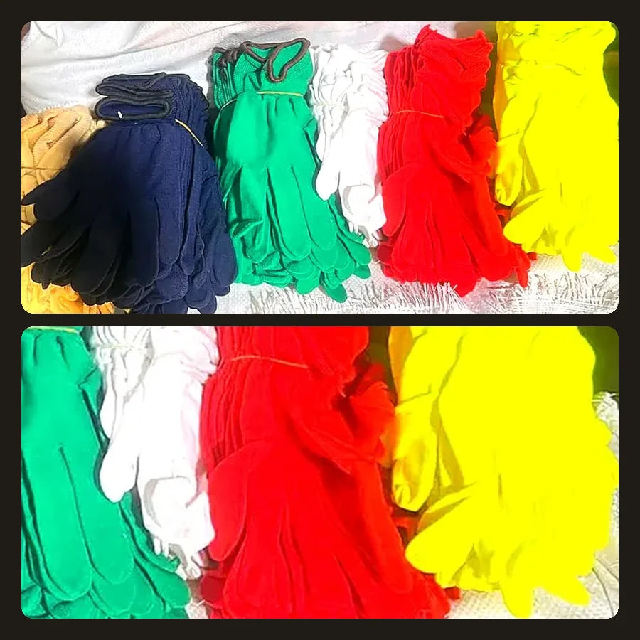 Los 12 pares de guantes incluidos, en colores surtidos