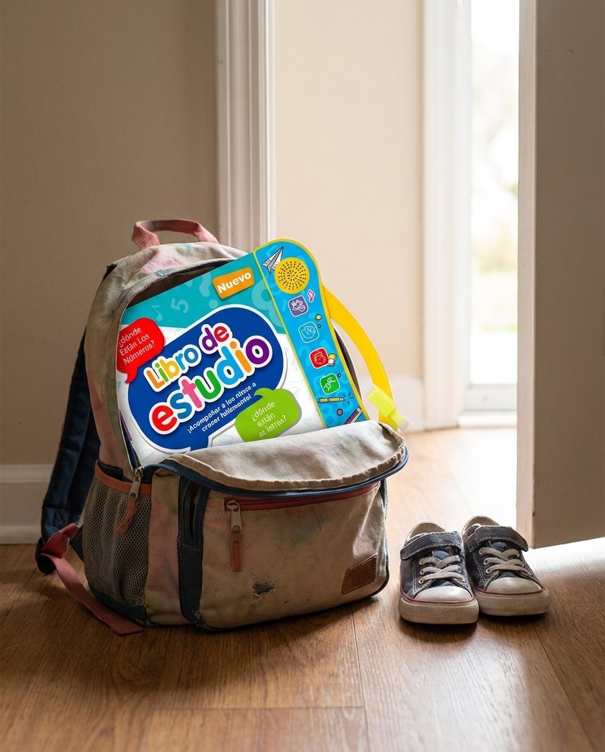 El libro asomando desde una mochila infantil