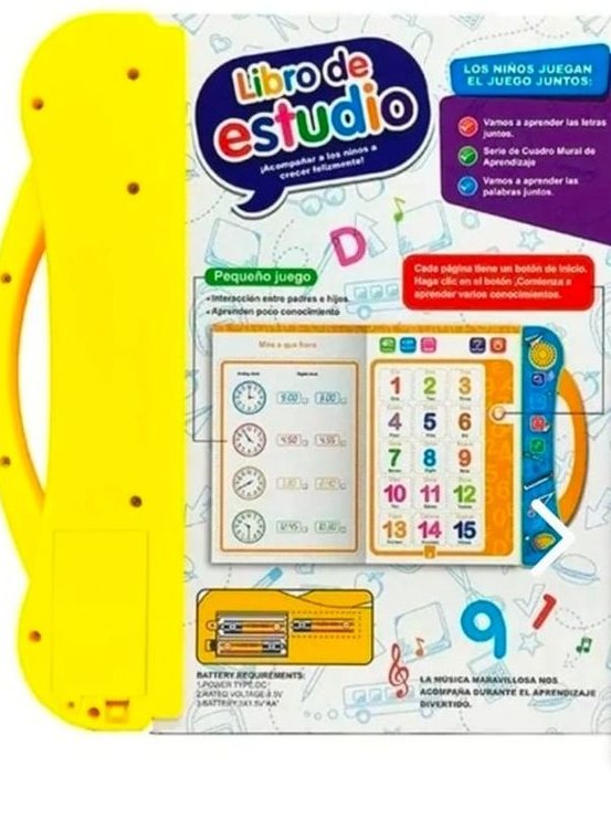 Interior del libro: páginas de números y de la hora, mango amarillo y compartimiento de pilas