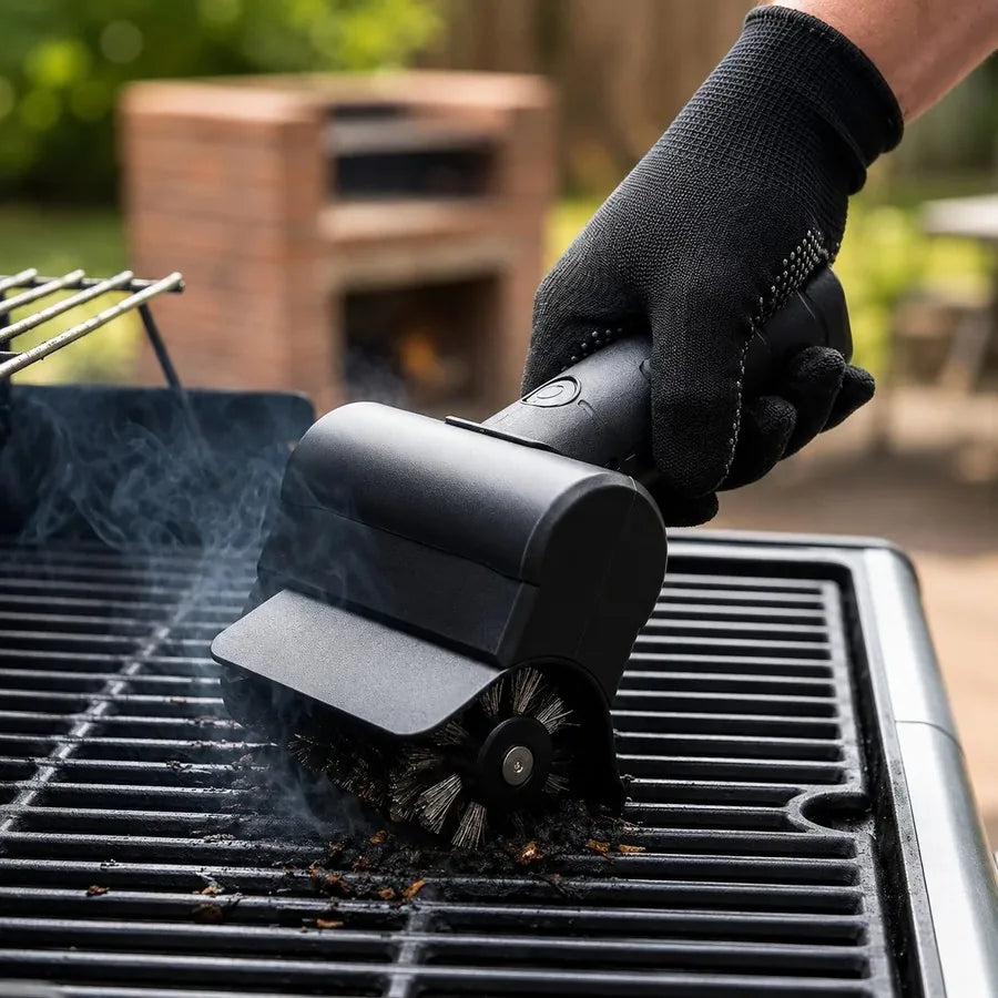 Mano con guante deslizando el cepillo eléctrico sobre la rejilla de la parrilla